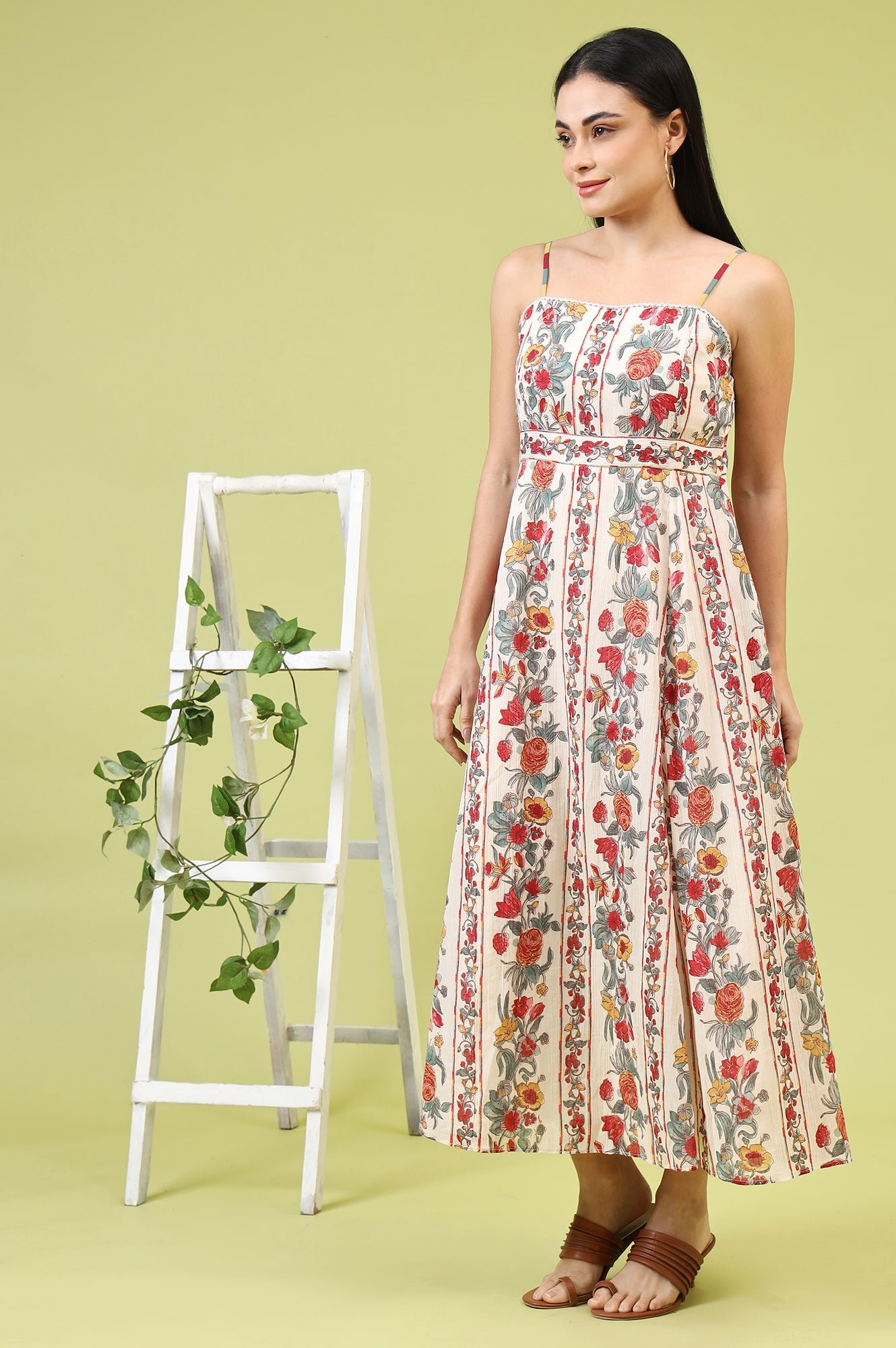 Off-White Vibrant Floral Printed Pure Cotton Flared Spaghetti Dress - Image 7